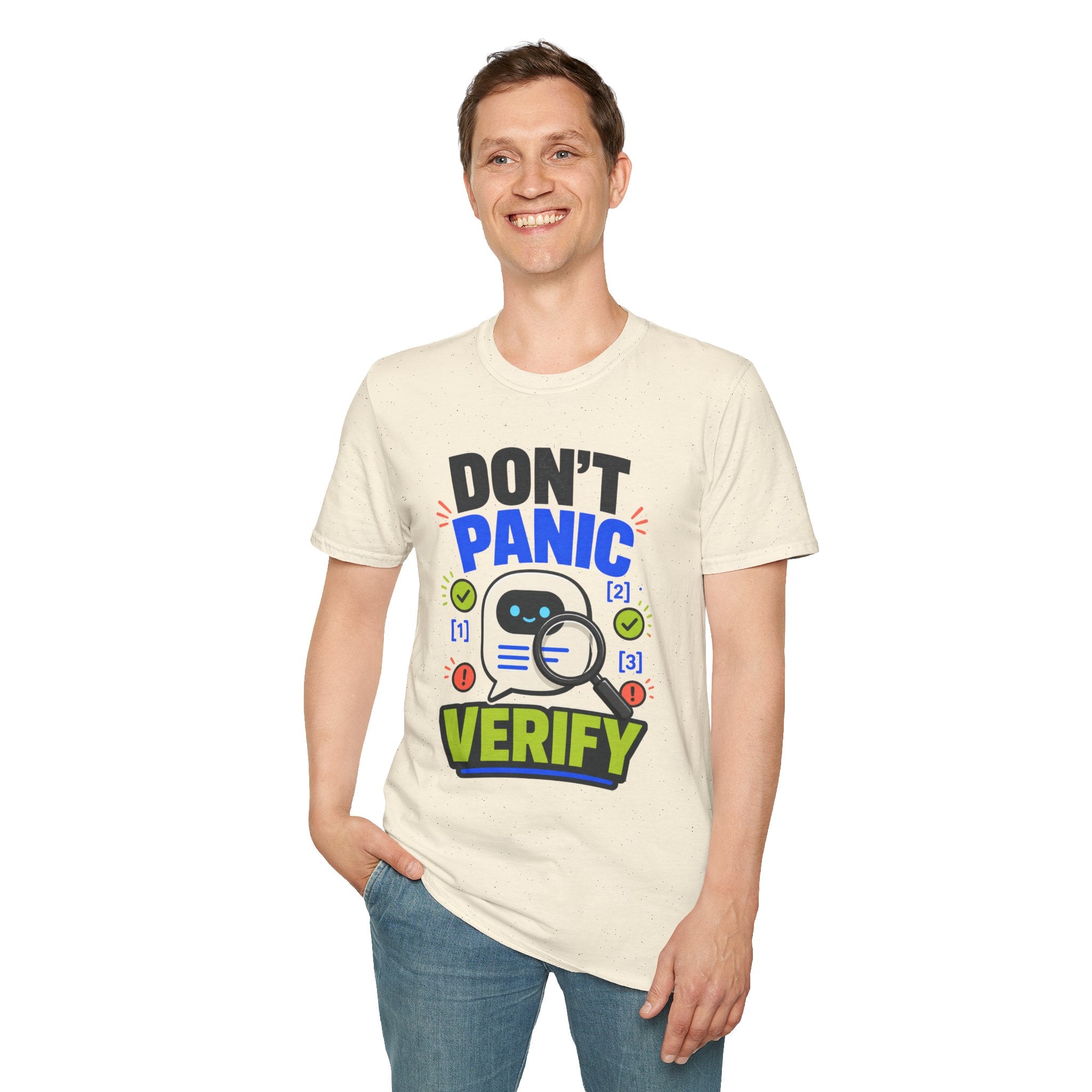 Don't Panic Verify T‑Shirt — Cute Robot Security Humor Tee for Techies