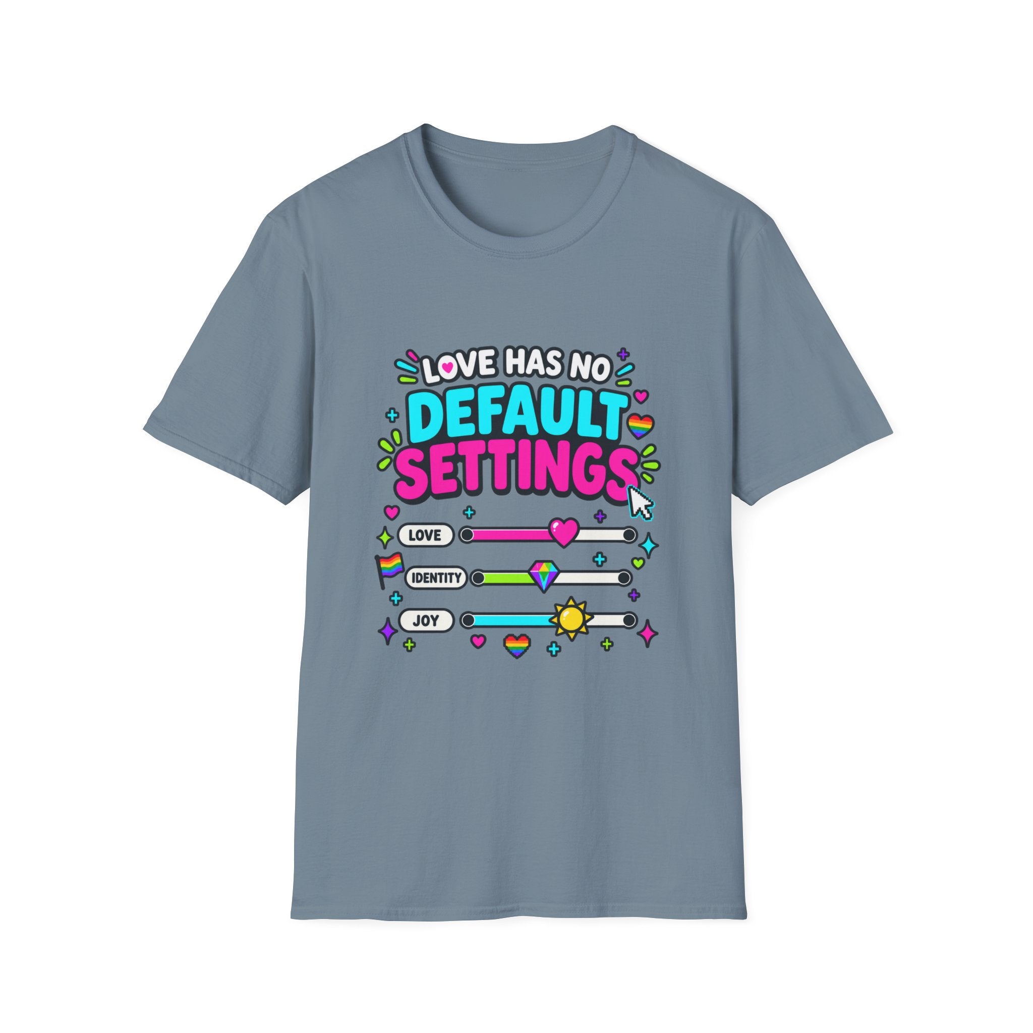 "Love Has No Default Settings" Bright LGBTQ+ Pride Graphic Tee