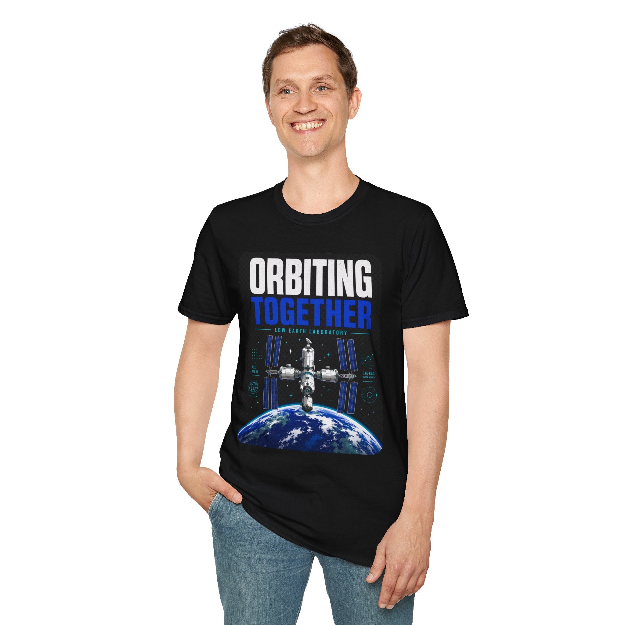 Orbiting Together T‑Shirt — Space Station Earth Graphic Tee
