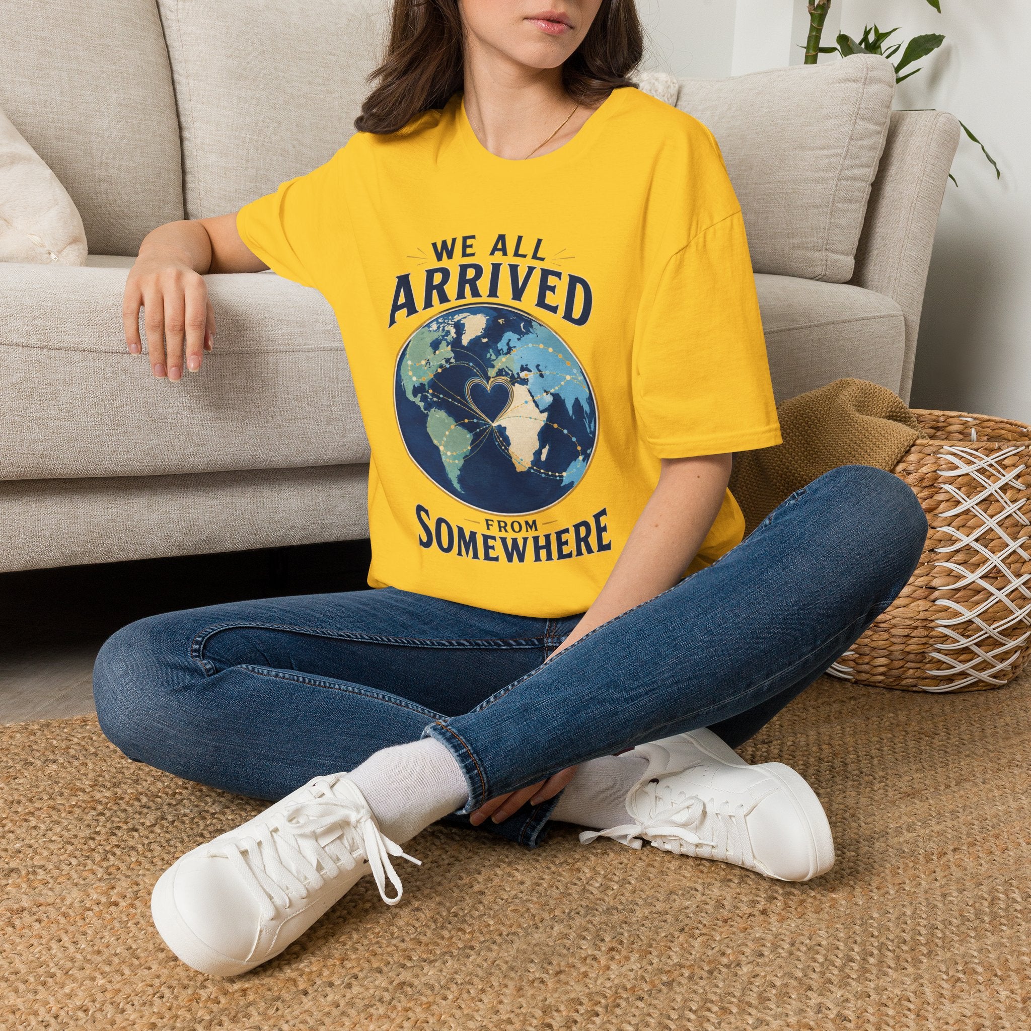 T-Shirt — "We All Arrived From Somewhere" Earth Graphic Tee (Travel & Unity)