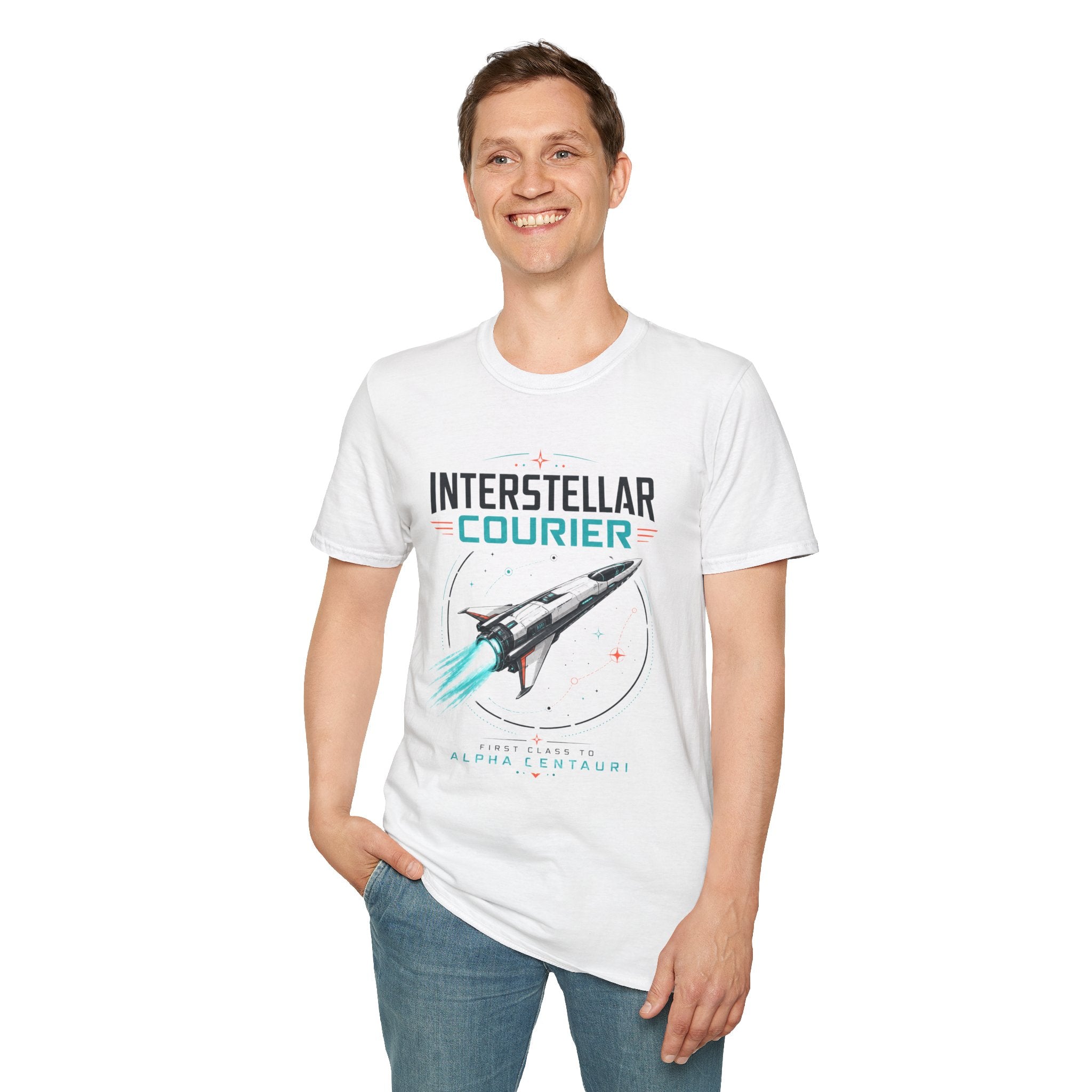 Interstellar Courier T‑Shirt — Retro Space Rocket Tee for Sci‑Fi Fans