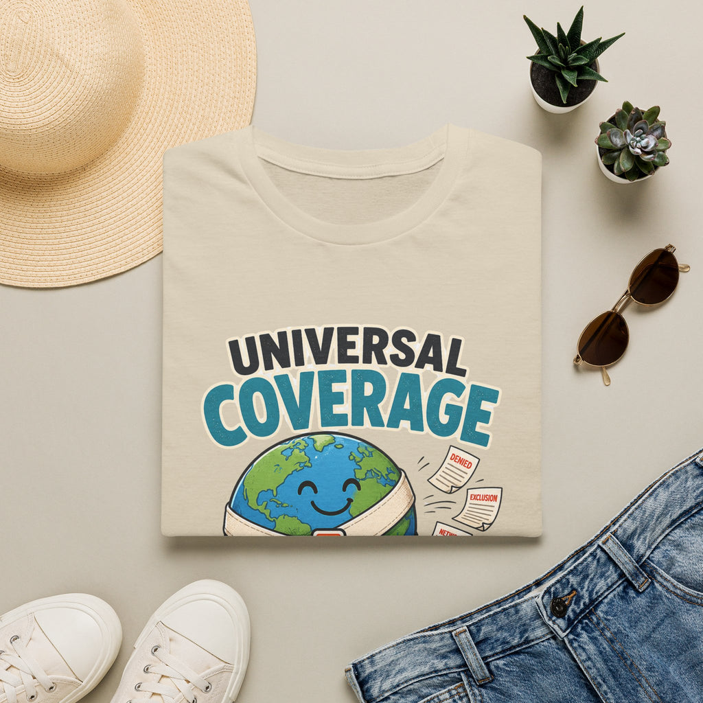 Universal Coverage T-Shirt — Funny Healthcare Earth Graphic (“Not Universal Anxiety”)