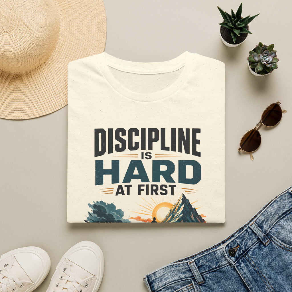 T-Shirt — "Discipline Is Hard at First" Motivational Graphic Tee
