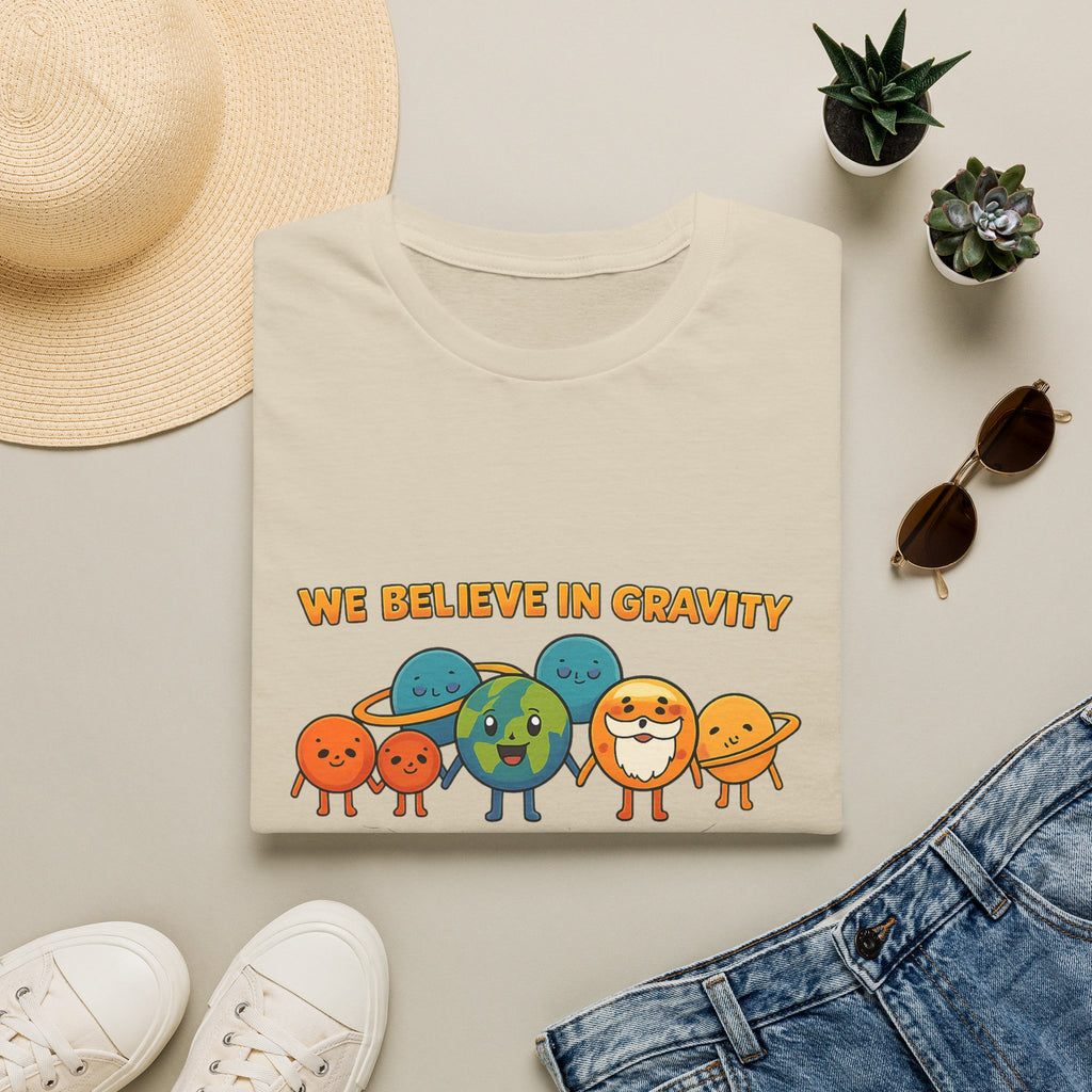 Cute Planetary Cartoon "We Believe in Gravity" Tee