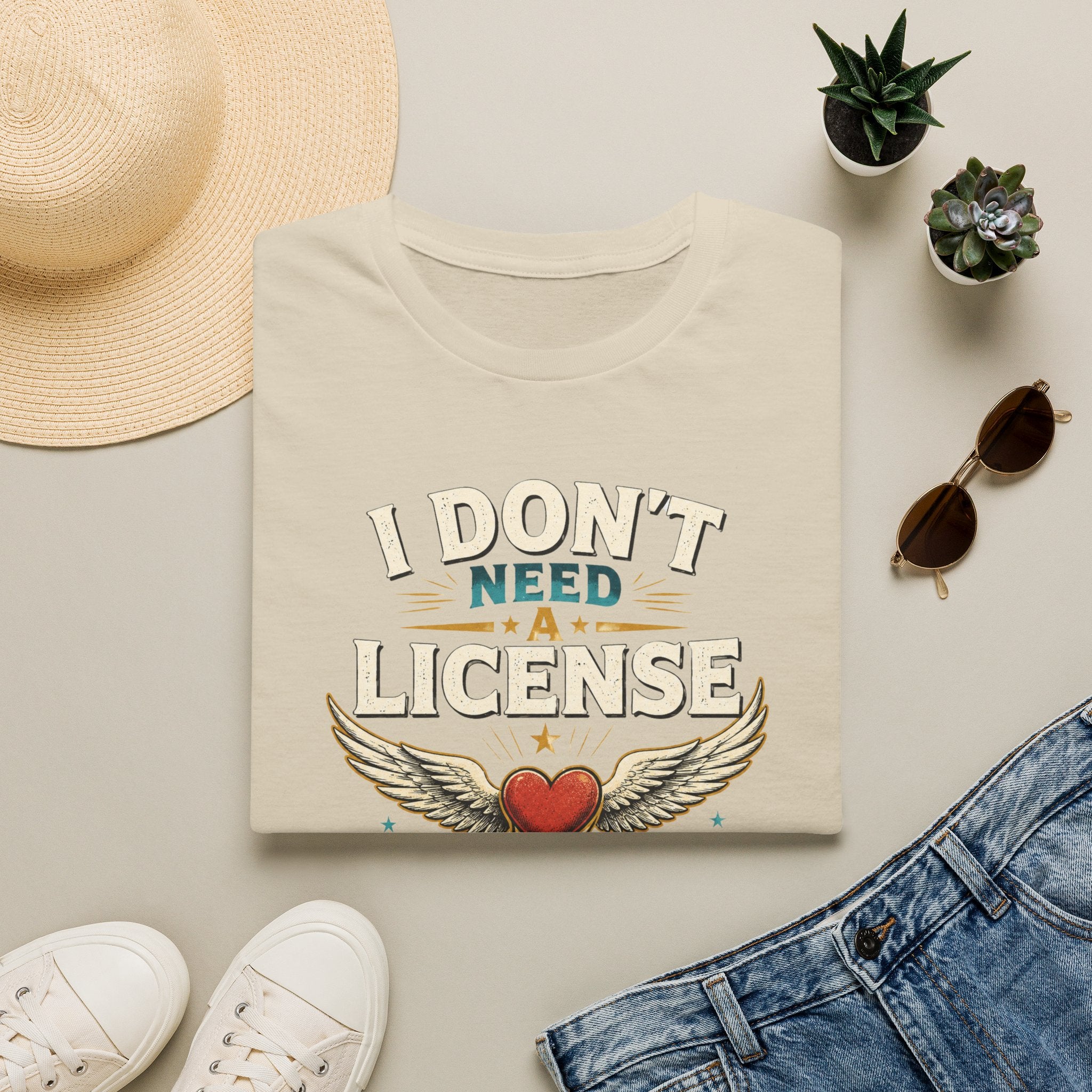 "I Don't Need a License to Love" Vintage Heart & Wings Design