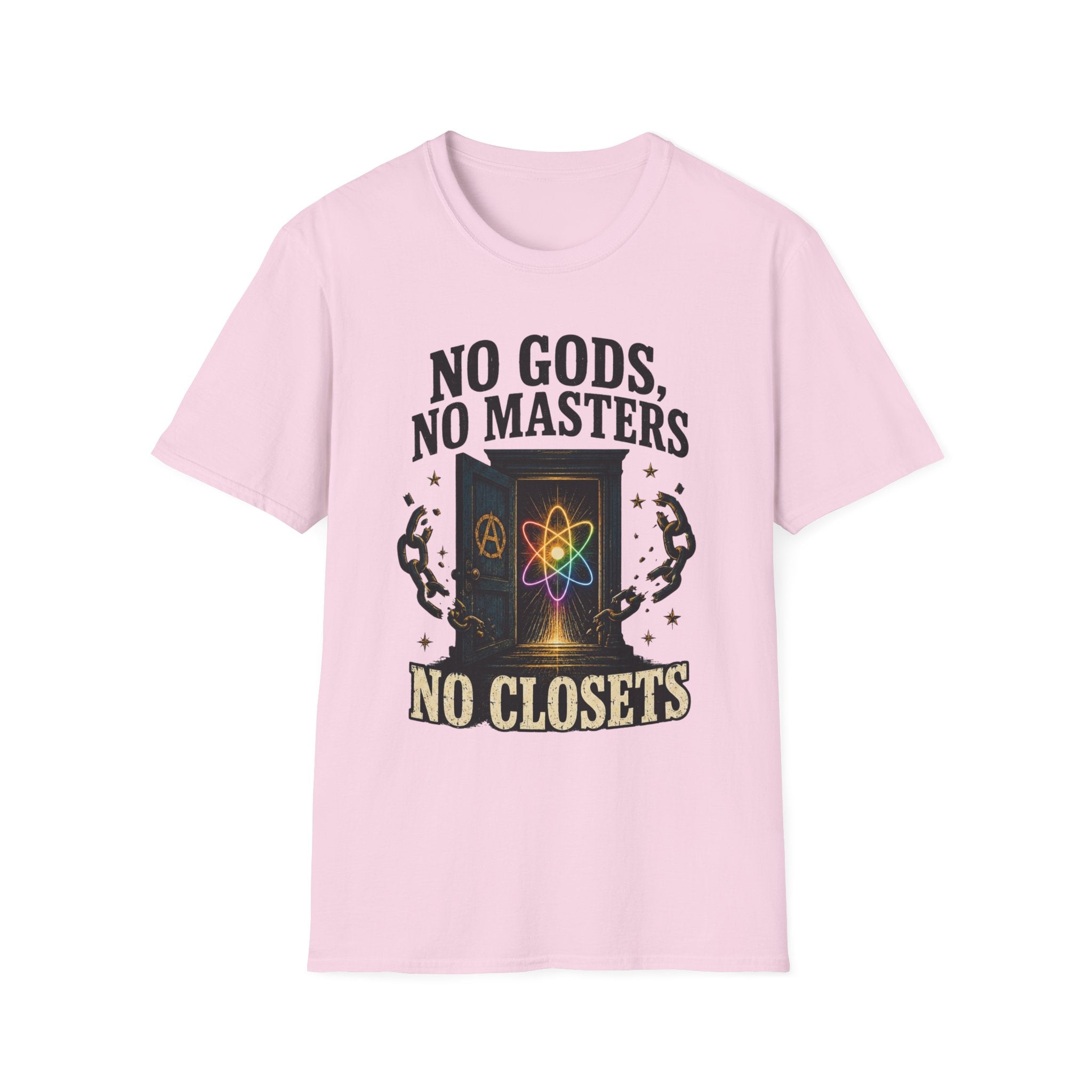 "No Gods, No Masters, No Closets" Atheist & LGBTQ+ Pride Graphic Tee