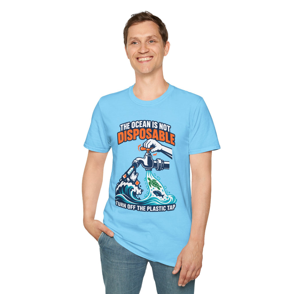 Ocean Conservation T-Shirt — "The Ocean Is Not Disposable" Plastic Tap Graphic