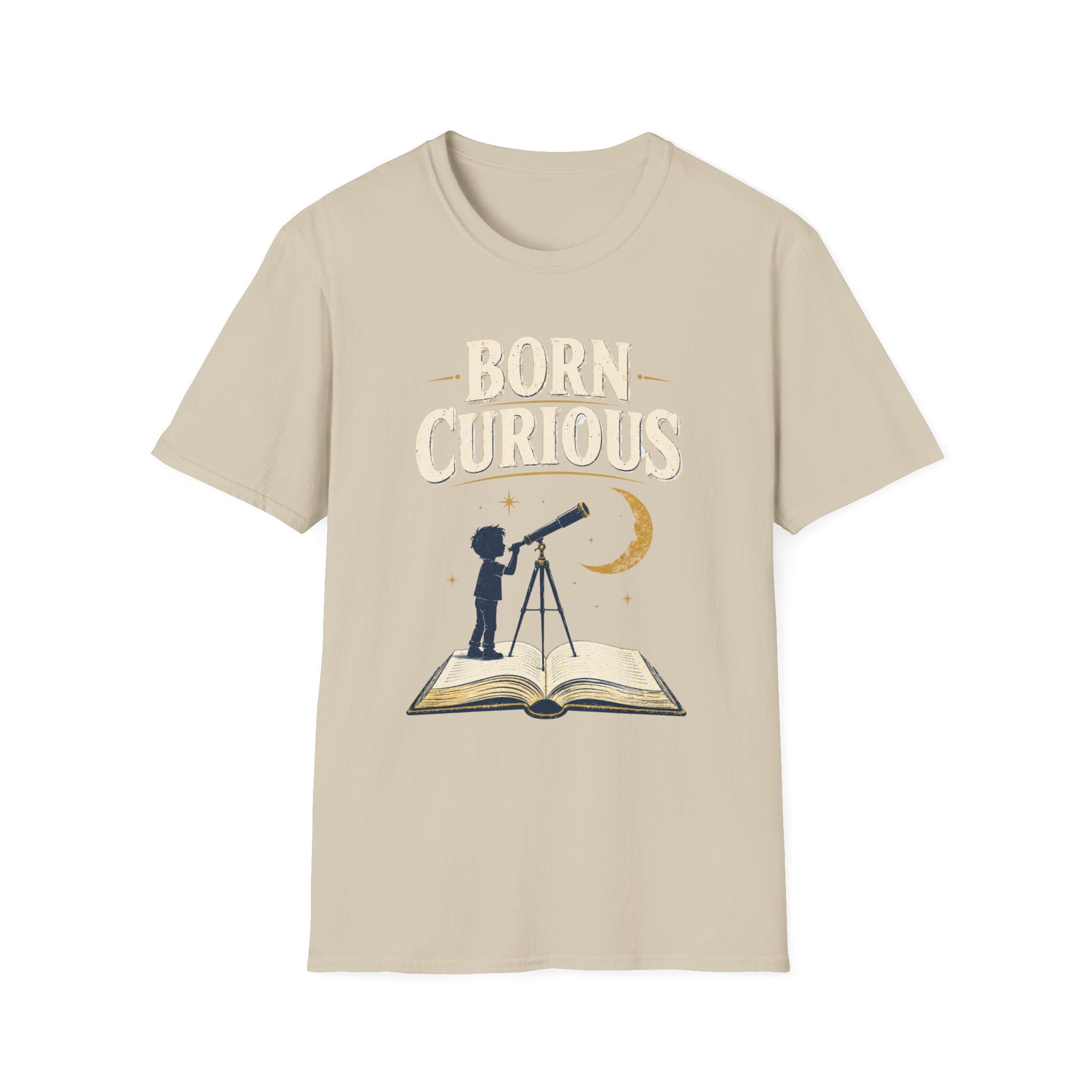 Born Curious T‑Shirt — Telescope Astronomy Graphic Tee for Curious Kids & Adults