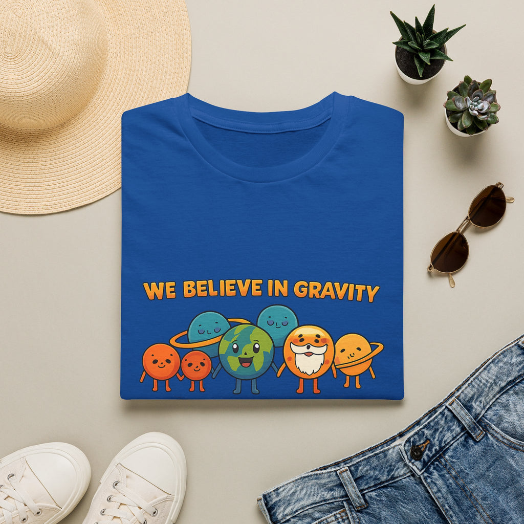 Cute Planetary Cartoon "We Believe in Gravity" Tee