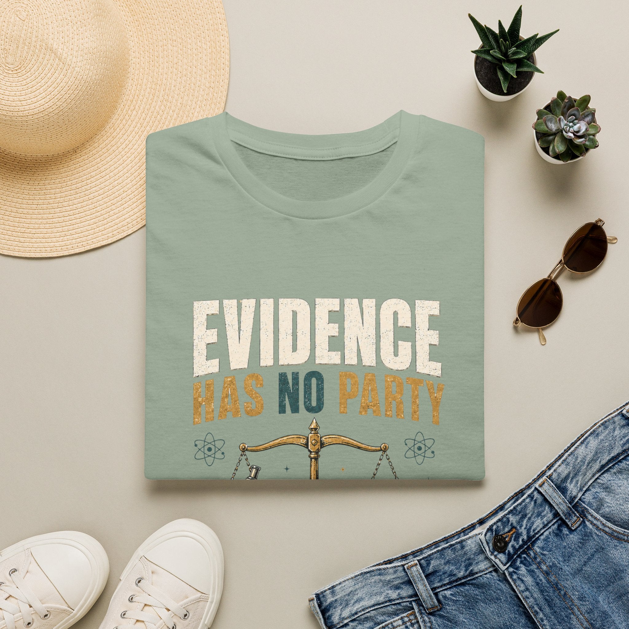 Evidence Has No Party T-Shirt — Facts Before Tribes Political Science Tee