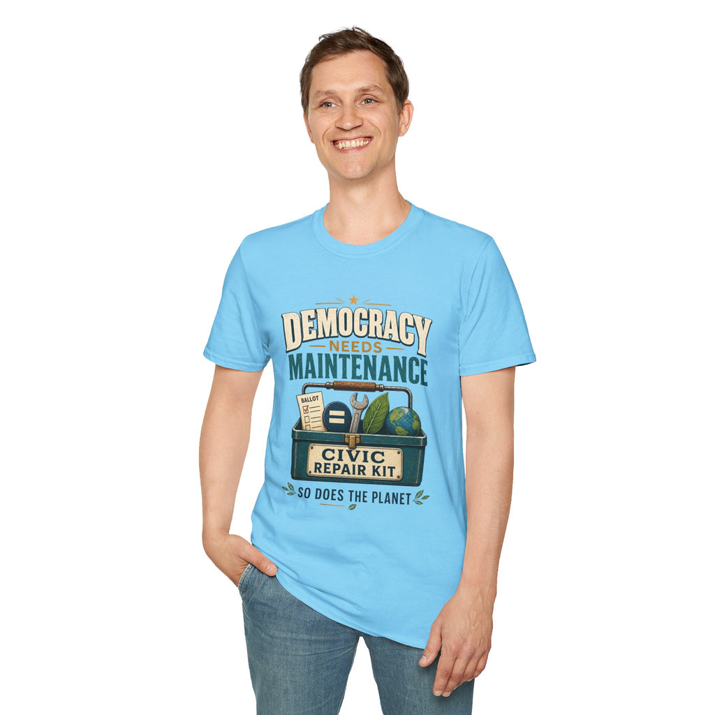 Democracy Needs Maintenance T-Shirt — Civic Repair Kit Tee