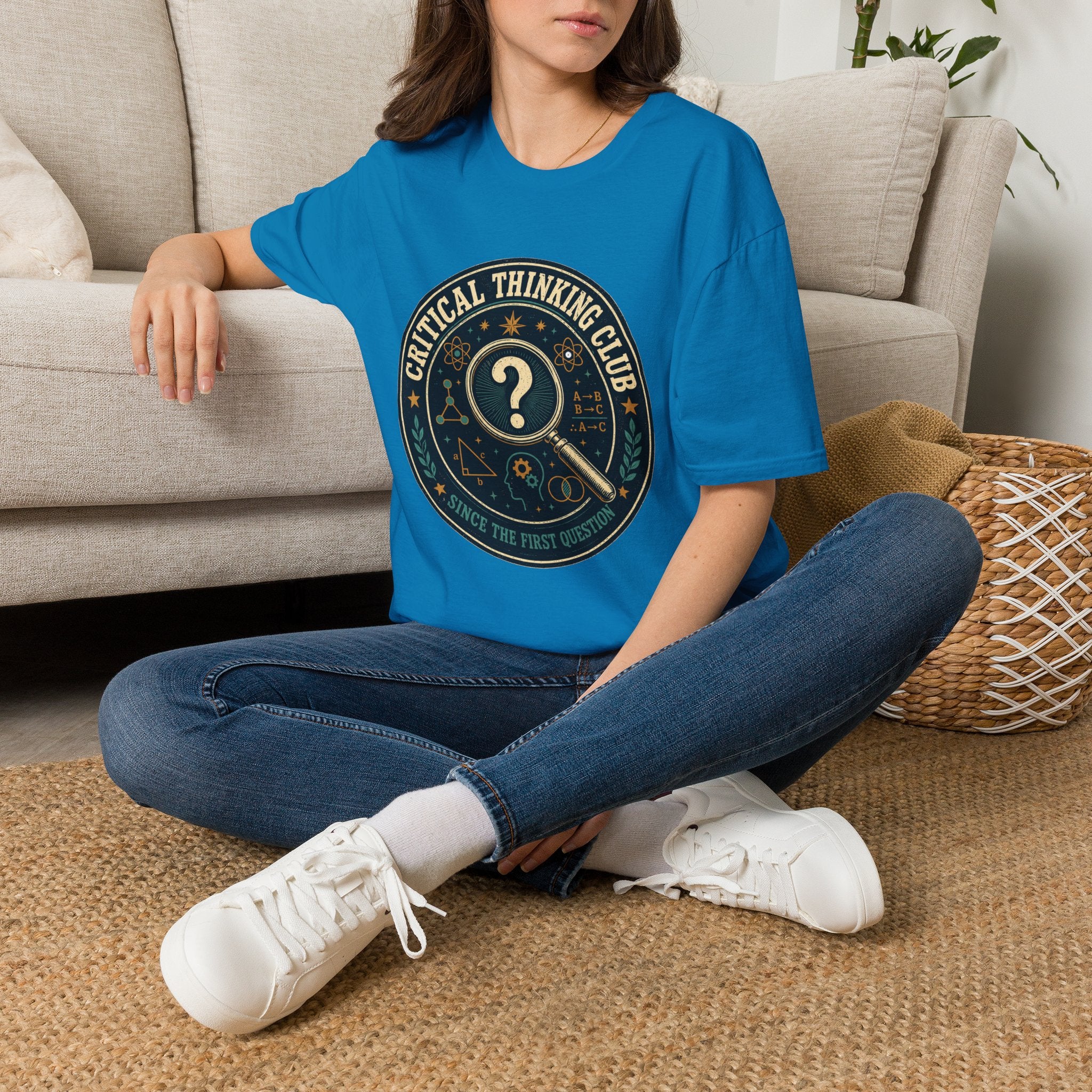 Critical Thinking Club T-Shirt – Vintage Magnifying Glass Design (Since The First Question)