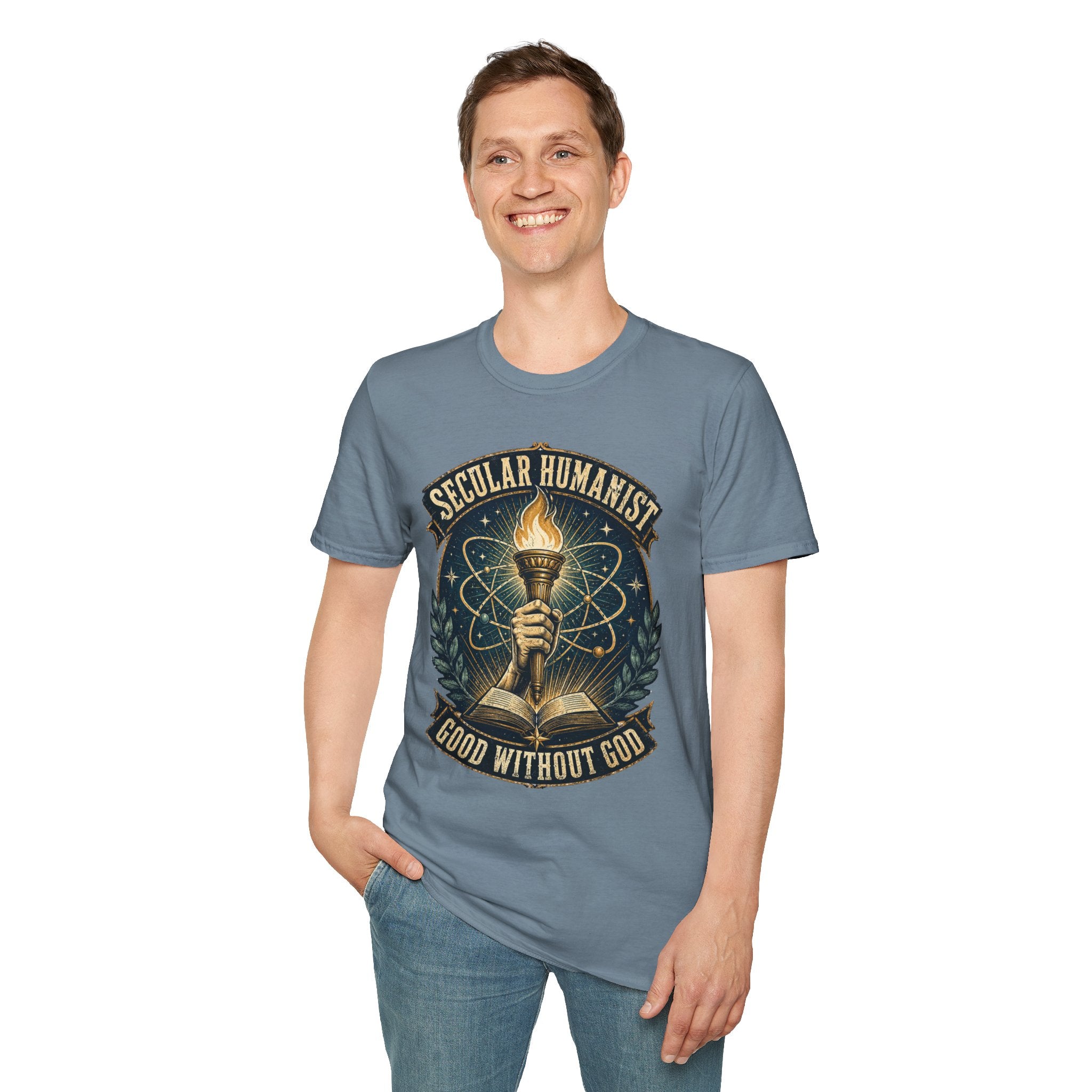 Secular Humanist T-Shirt — "Good Without God" Torch Graphic