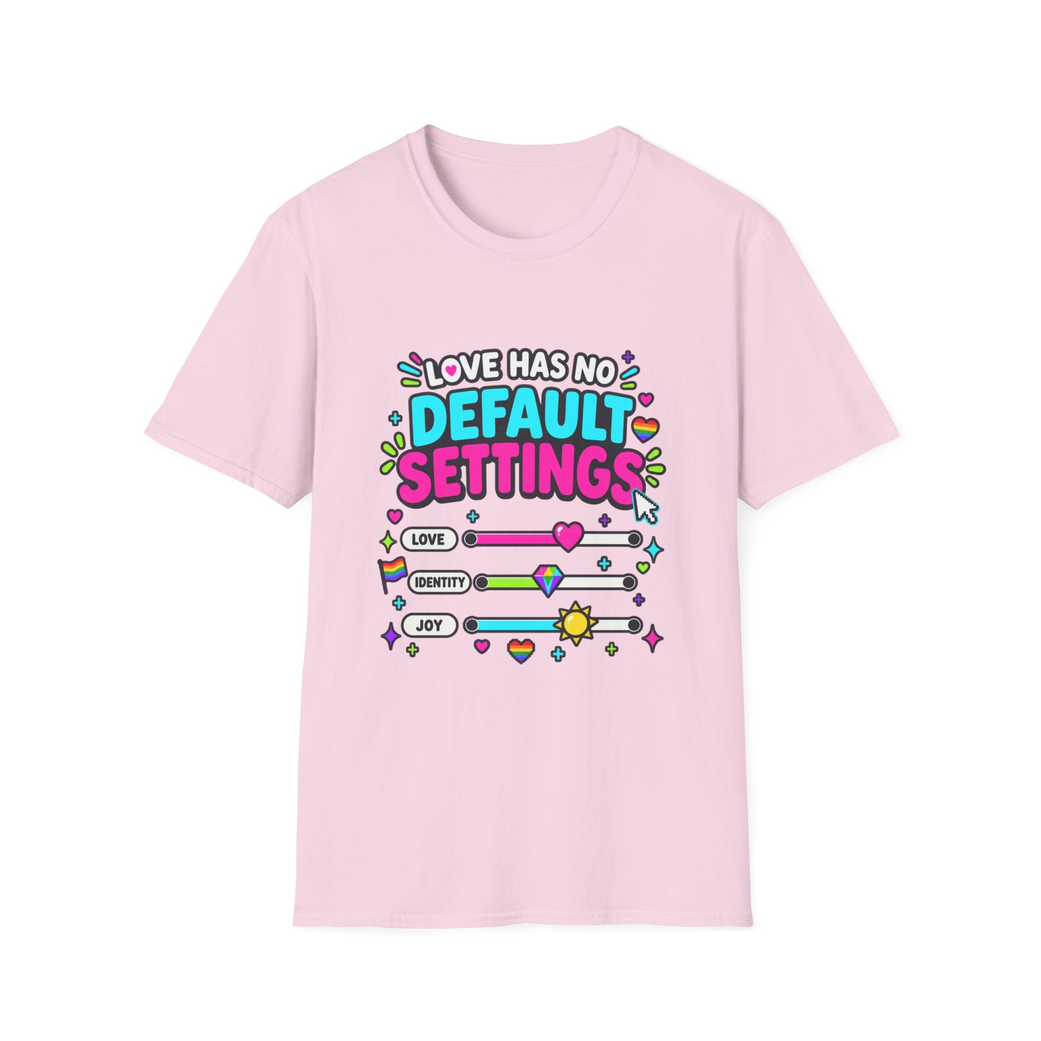 "Love Has No Default Settings" Bright LGBTQ+ Pride Graphic Tee