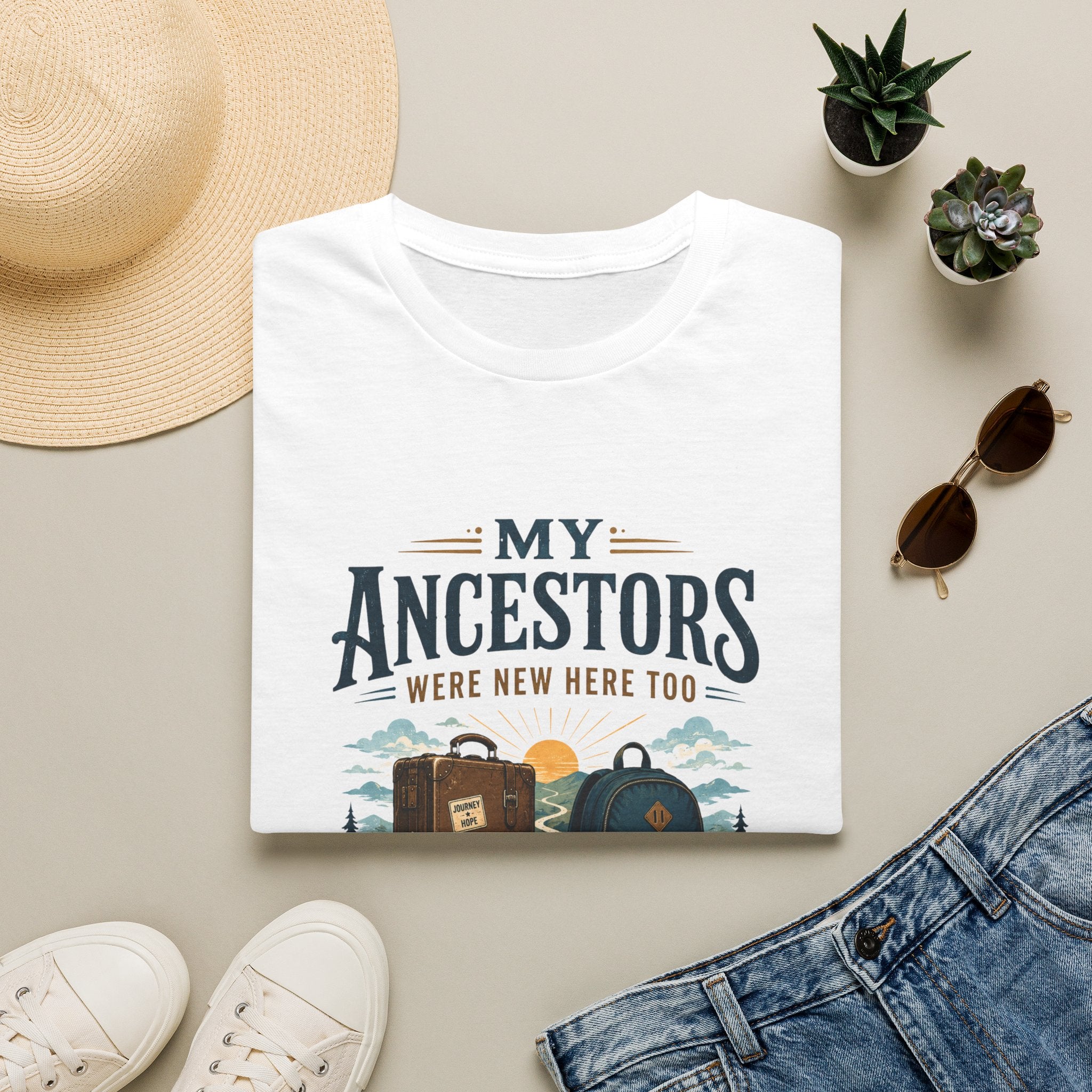T-Shirt — "My Ancestors Were New Here Too" Vintage Travel Roots Tee