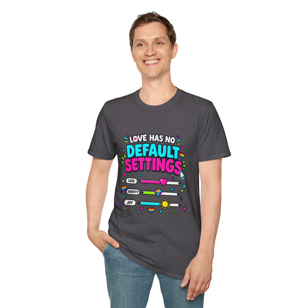 "Love Has No Default Settings" Bright LGBTQ+ Pride Graphic Tee