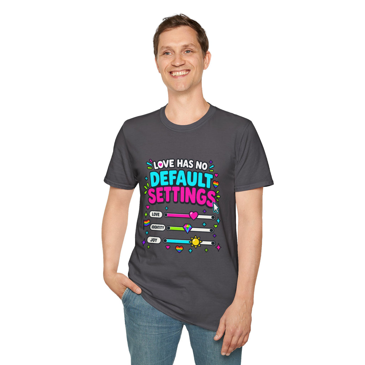 "Love Has No Default Settings" Bright LGBTQ+ Pride Graphic Tee