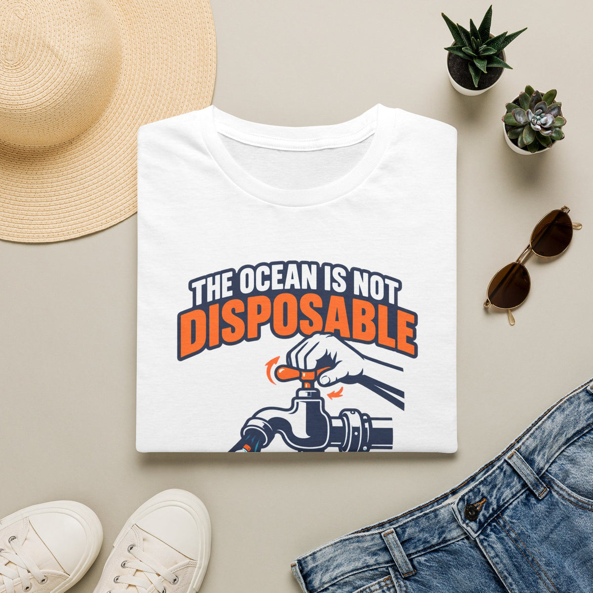 Ocean Conservation T-Shirt — "The Ocean Is Not Disposable" Plastic Tap Graphic
