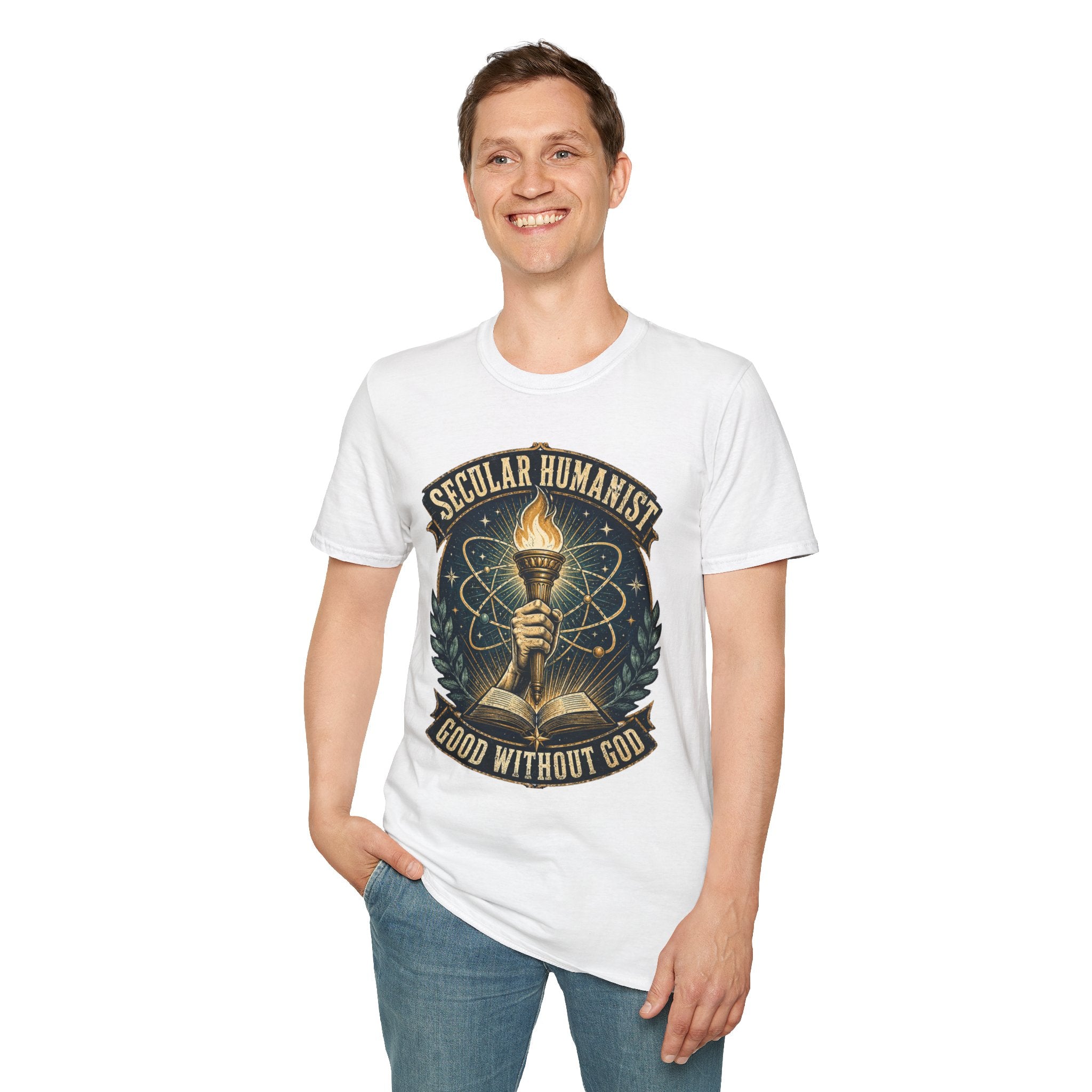 Secular Humanist T-Shirt — "Good Without God" Torch Graphic