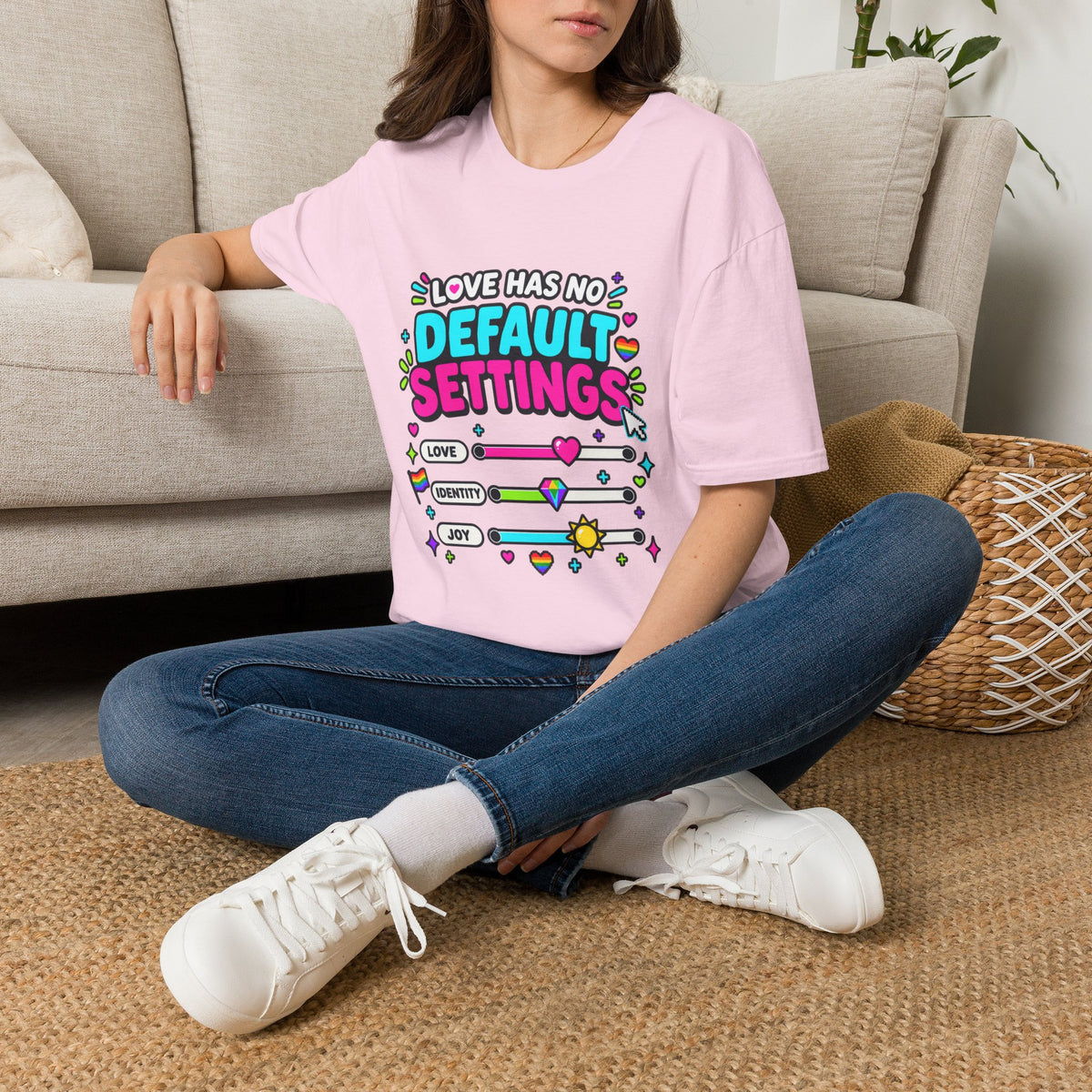 "Love Has No Default Settings" Bright LGBTQ+ Pride Graphic Tee