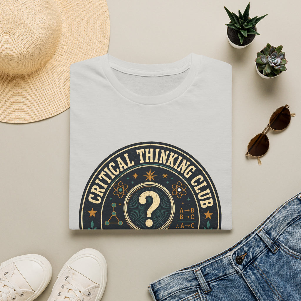 Critical Thinking Club T-Shirt – Vintage Magnifying Glass Design (Since The First Question)