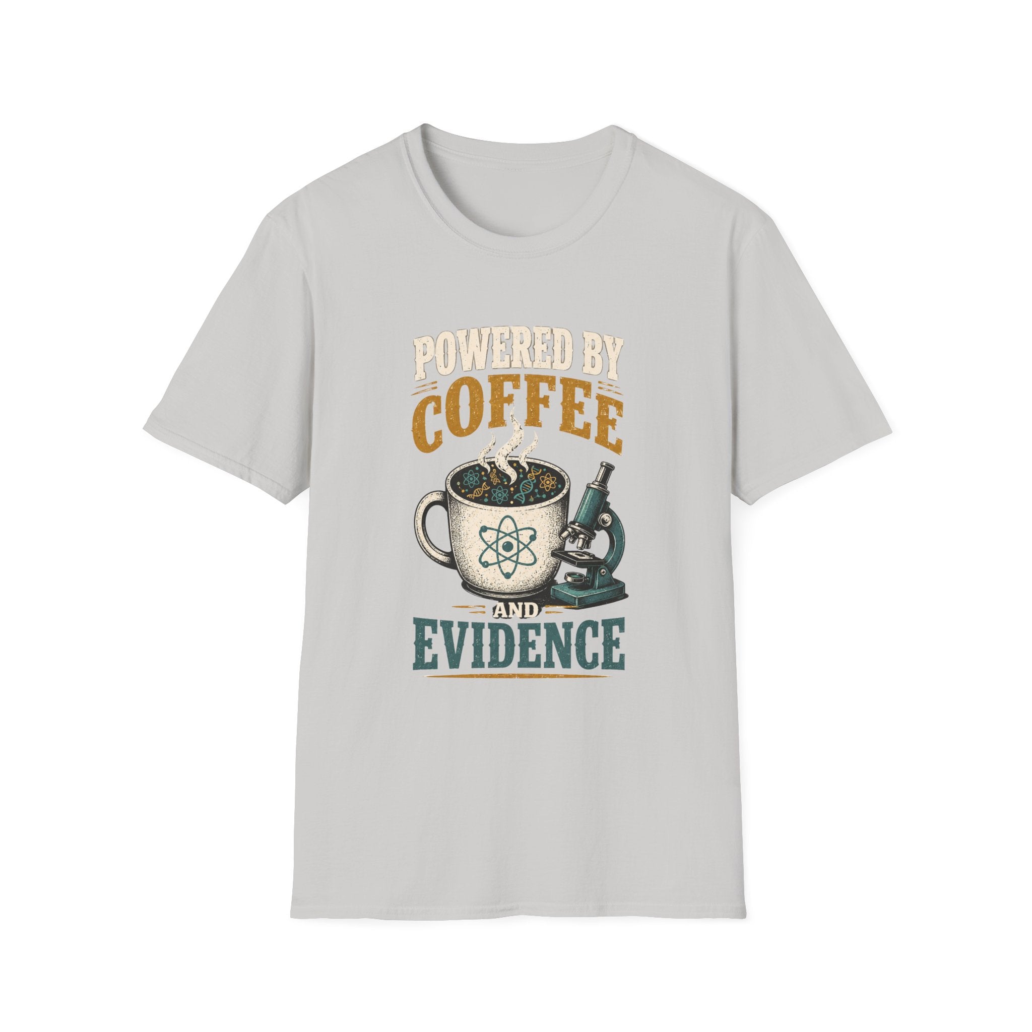 Coffee T-Shirt — "Powered by Coffee & Evidence" Retro Science Mug Design