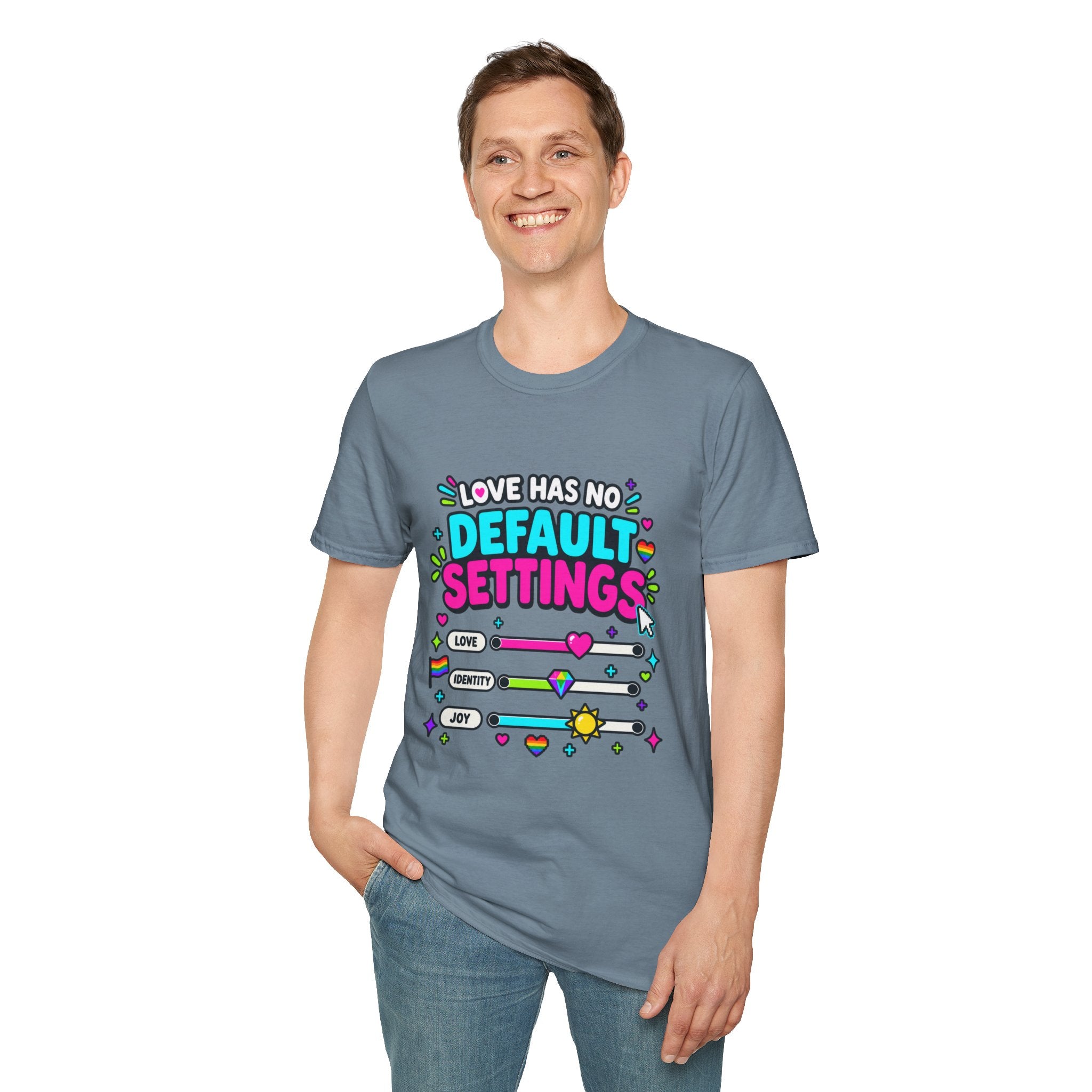"Love Has No Default Settings" Bright LGBTQ+ Pride Graphic Tee