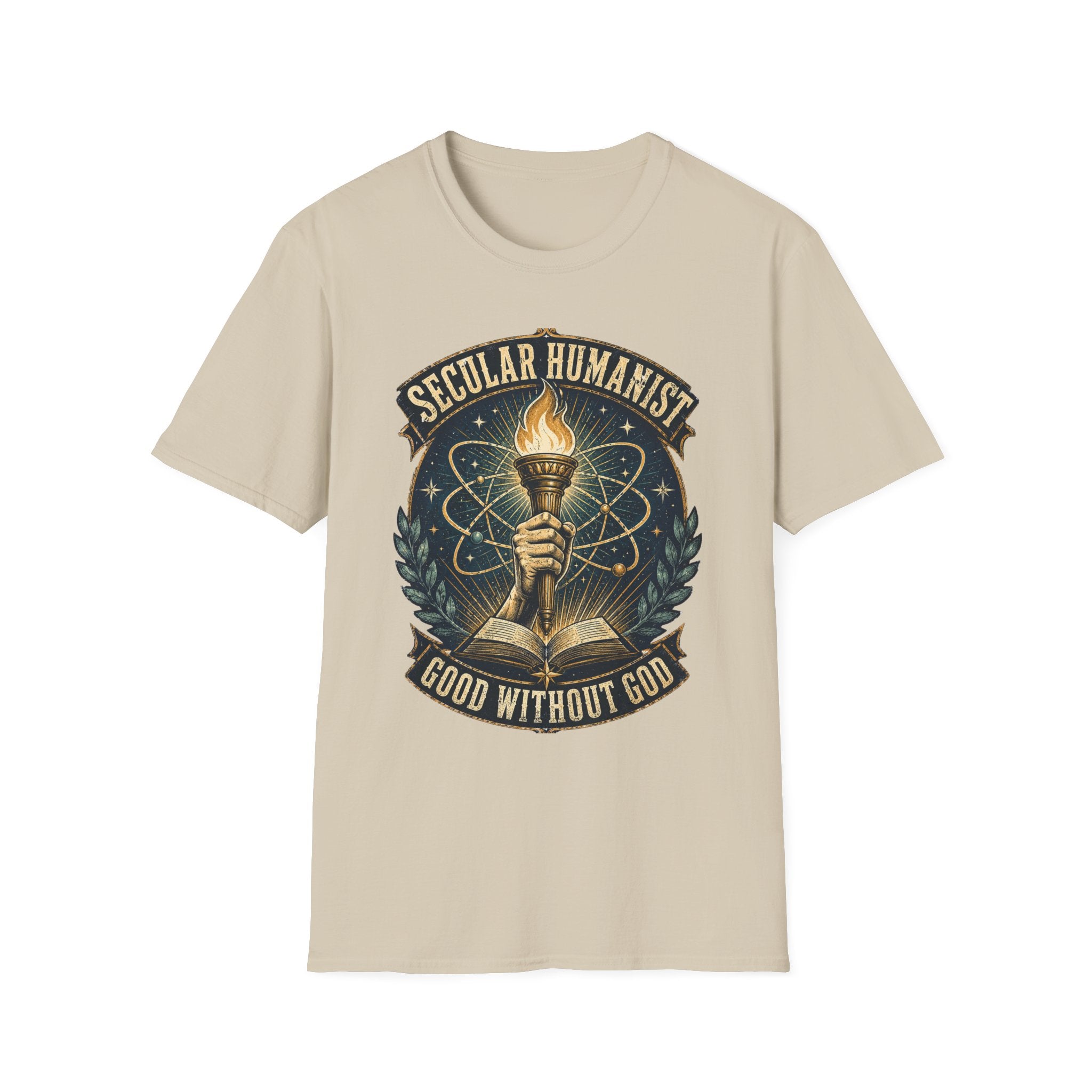 Secular Humanist T-Shirt — "Good Without God" Torch Graphic