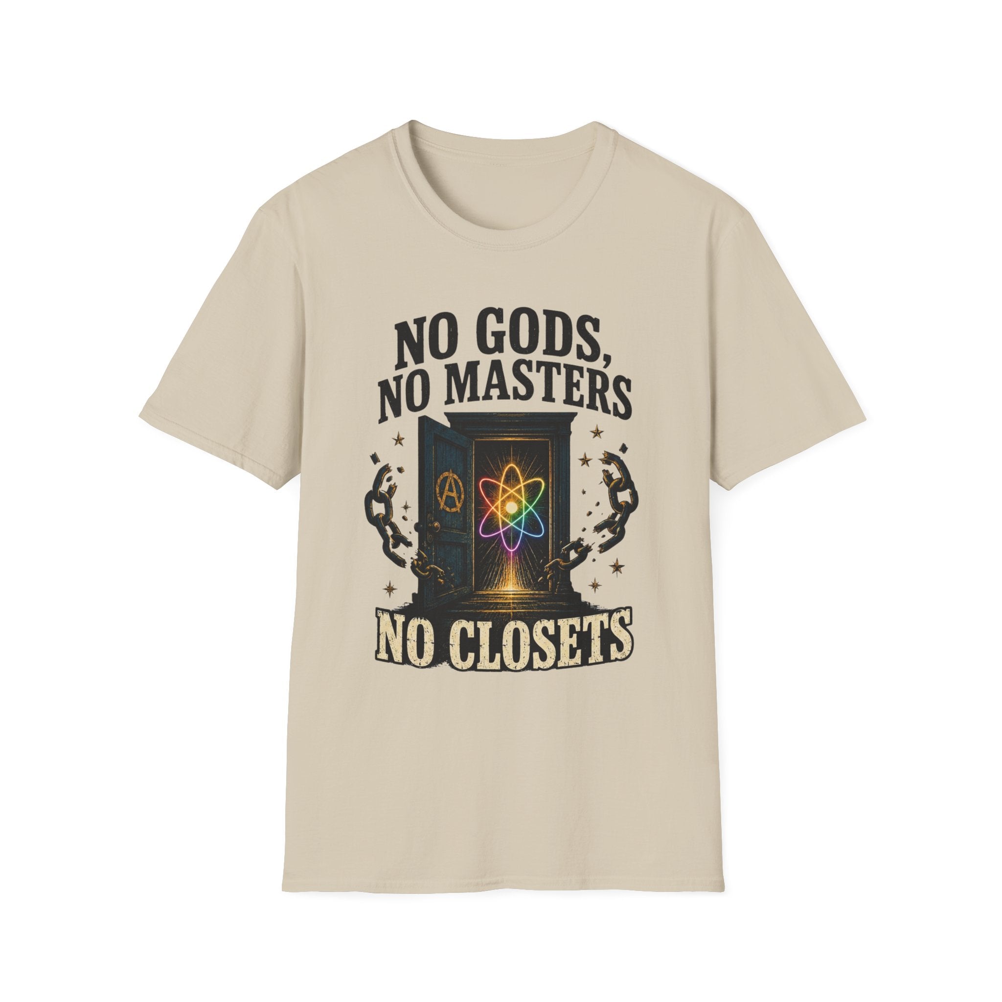 "No Gods, No Masters, No Closets" Atheist & LGBTQ+ Pride Graphic Tee