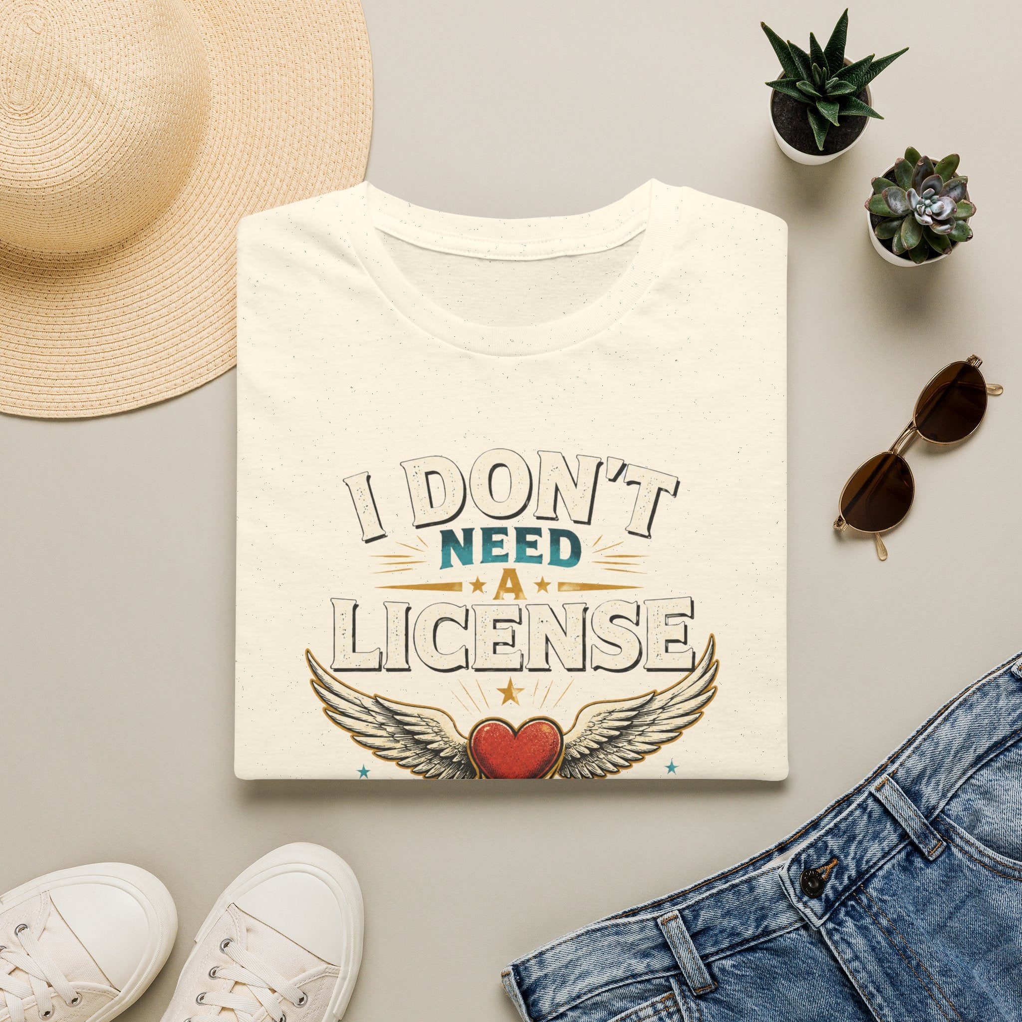 "I Don't Need a License to Love" Vintage Heart & Wings Design